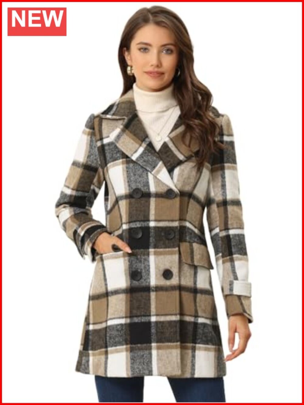 Women's Winter Plaid Peacoat Double Breasted Notched Lapel Coat